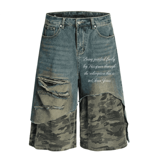 Romans 3:24 Camo Jorts